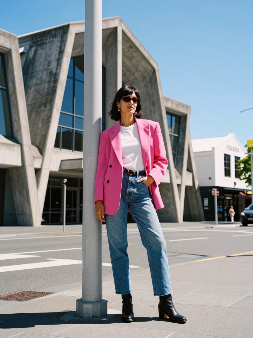 High Fashion Portrait in Christchurch New Zealand Under Flat Noon Light with Greenery in in Christchurch, New Zealand