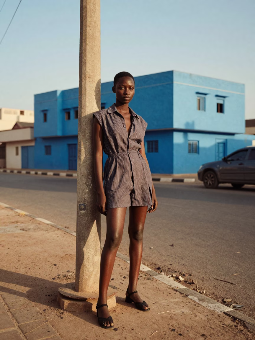 High Fashion Portrait in Dakar Late Afternoon Light with Spool of Thread Detail in in Dakar, Senegal