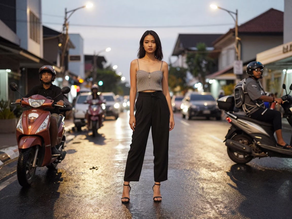 High Fashion Portrait in Denpasar Indonesia Early Evening Street Scene in in Denpasar, Indonesia