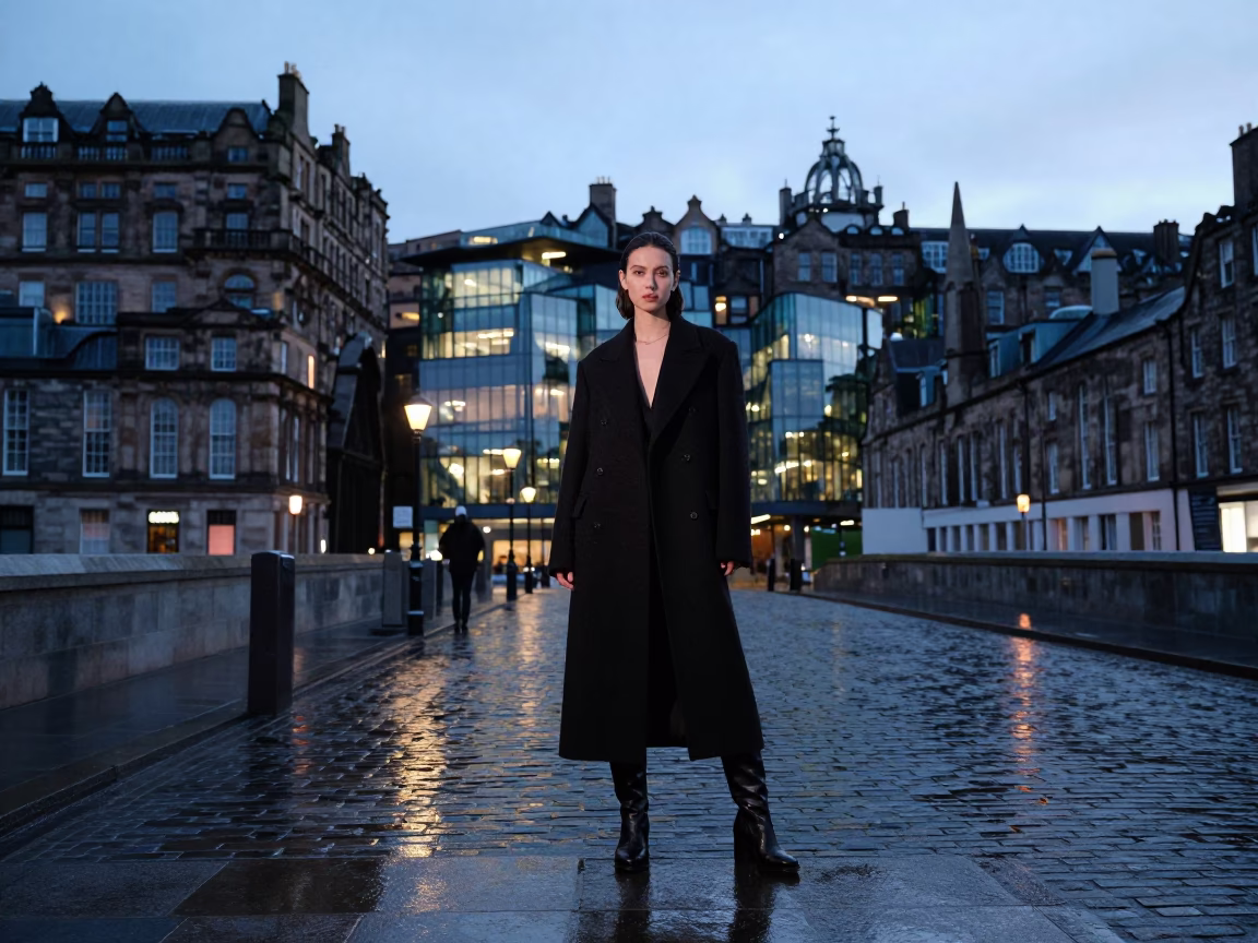 High Fashion Portrait in Edinburgh Early Evening Near Glass Steel Train Station in in Edinburgh, United Kingdom