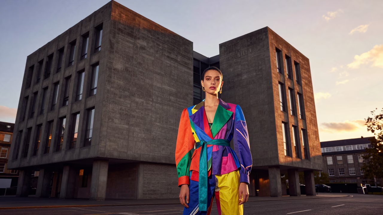High Fashion Portrait in Edinburgh Sunset with Brutalist Architecture and Birdhouse in in Edinburgh, United Kingdom