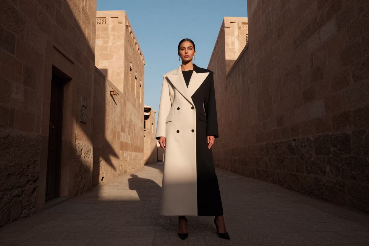 High Fashion Portrait in Fez Morocco Late Afternoon Light with Traditional Architecture in in Fez, Morocco