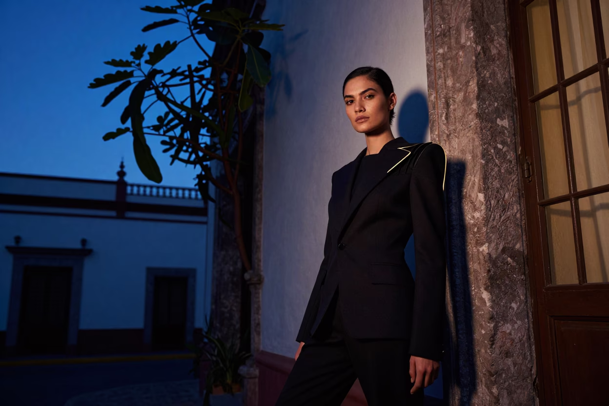 High Fashion Portrait in Guadalajara Twilight with Strangler Fig and Urban Architecture in in Guadalajara, Mexico