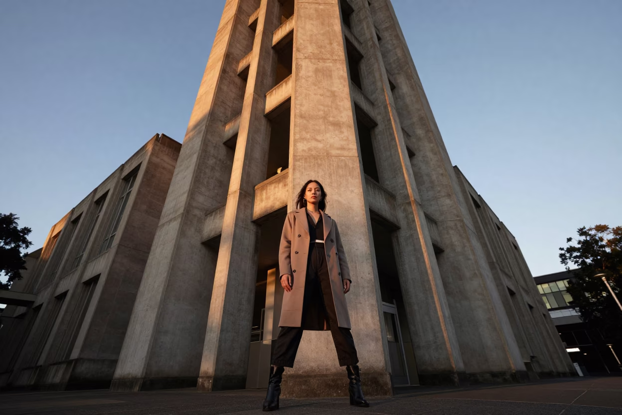 High Fashion Portrait in Honeyed Evening Light at Auckland University Tower in in Auckland, New Zealand
