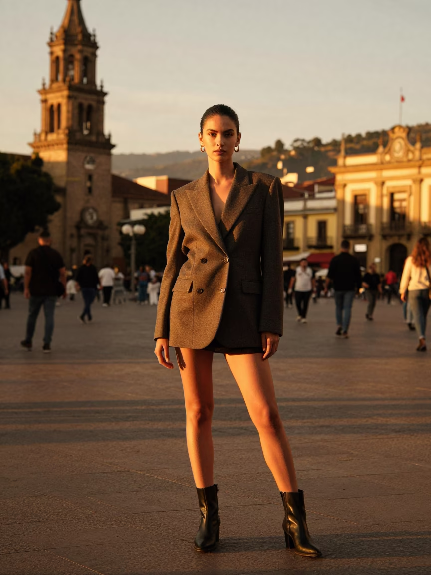 High Fashion Portrait in Honeyed Evening Light at Medellin Colombia Plaza in in Medellin, Colombia