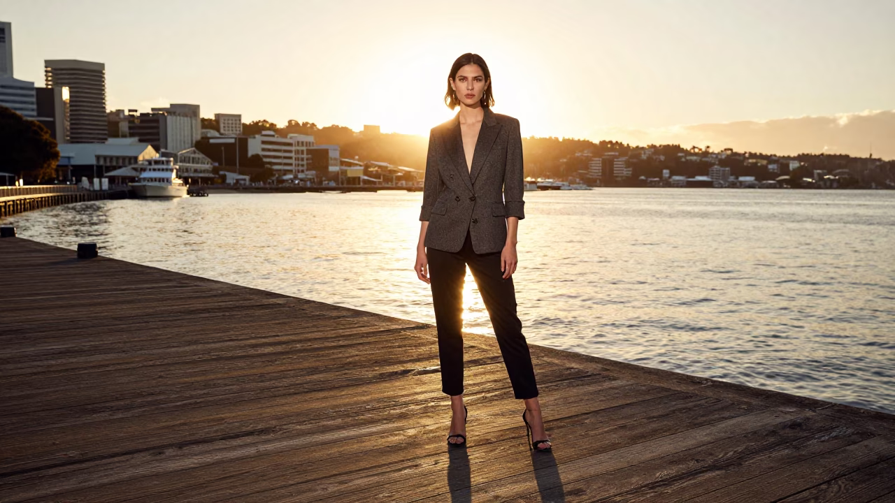 High Fashion Portrait in Honeyed Evening Light Wellington New Zealand in in Wellington, New Zealand