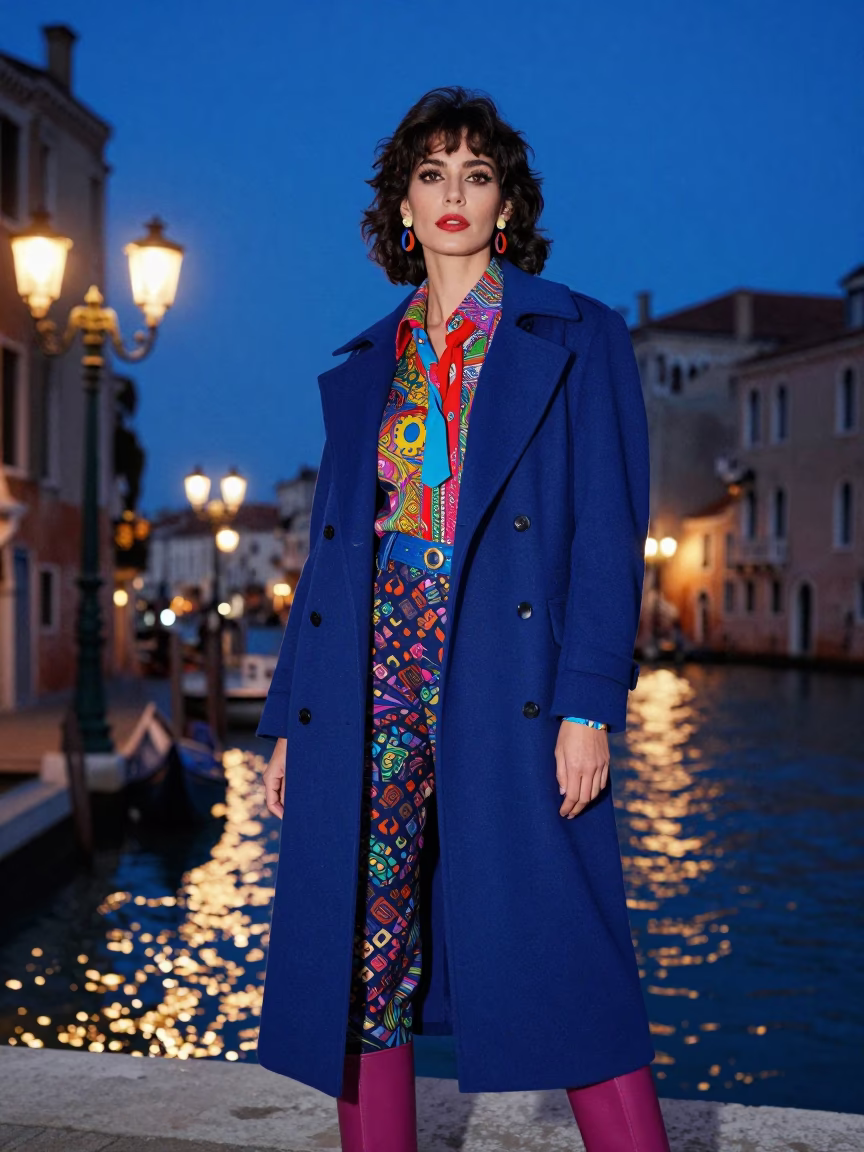 High Fashion Portrait in Indigo Twilight Venice Italy with Colorful 1980s Style in in Venice, Italy