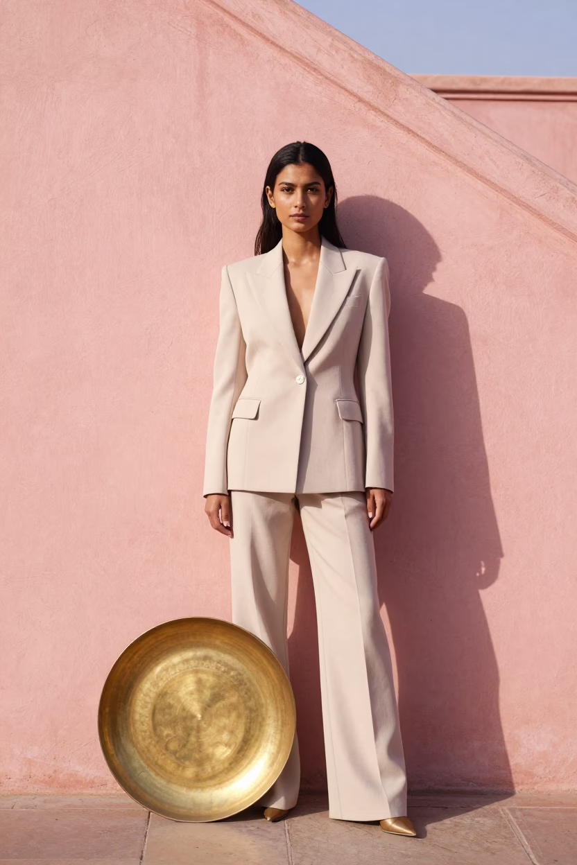 High Fashion Portrait in Jaipur Pink City with Brass Plate and Samosas in in Jaipur, India