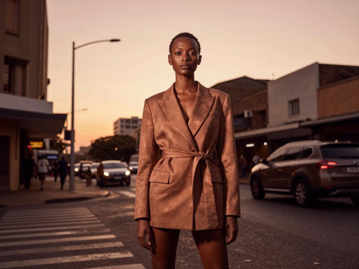 High Fashion Portrait in Johannesburg Copper Dusk Street Style in in Johannesburg, South Africa