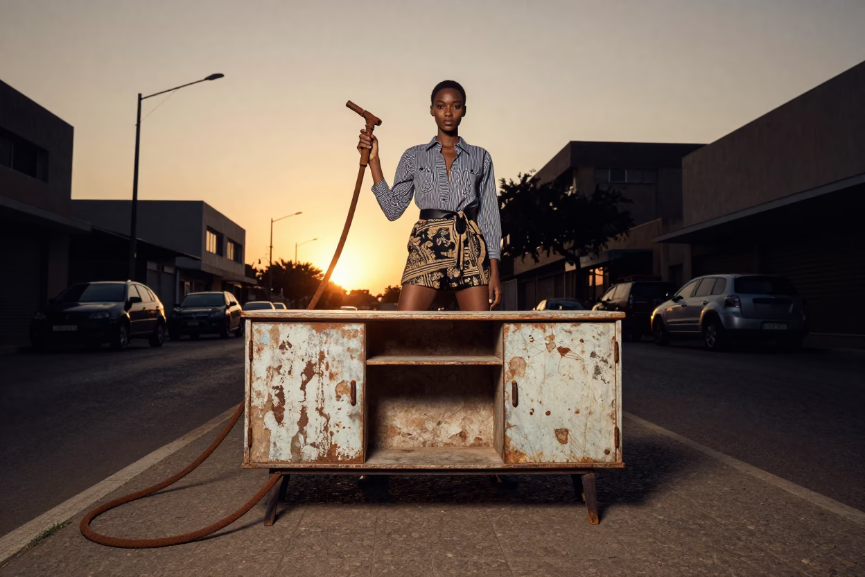 High Fashion Portrait in Johannesburg Sunset with Rusty Hose Nozzle and Sideboard in in Johannesburg, South Africa
