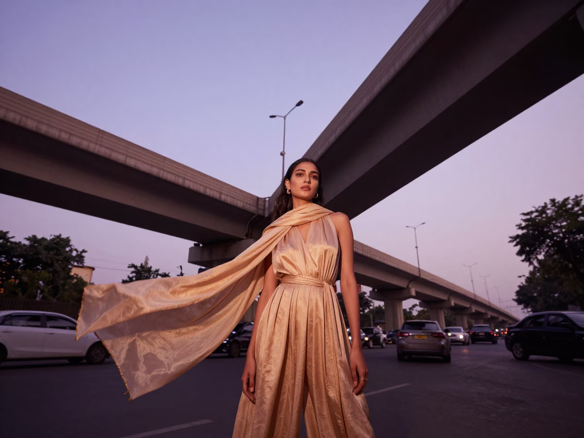 High Fashion Portrait in Late Afternoon Delhi with Overpass and Scarf in in Delhi, India