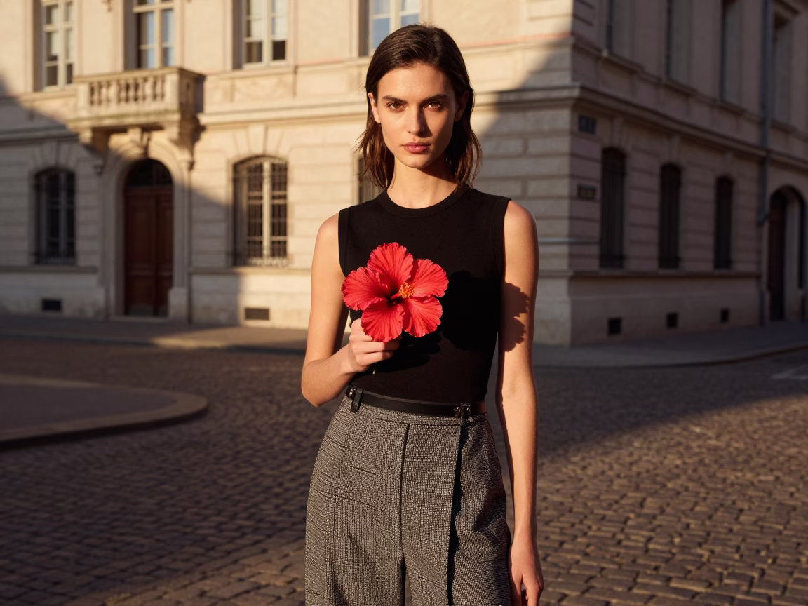 High Fashion Portrait in Late Afternoon Lyon France with Hibiscus Detail in in Lyon, France