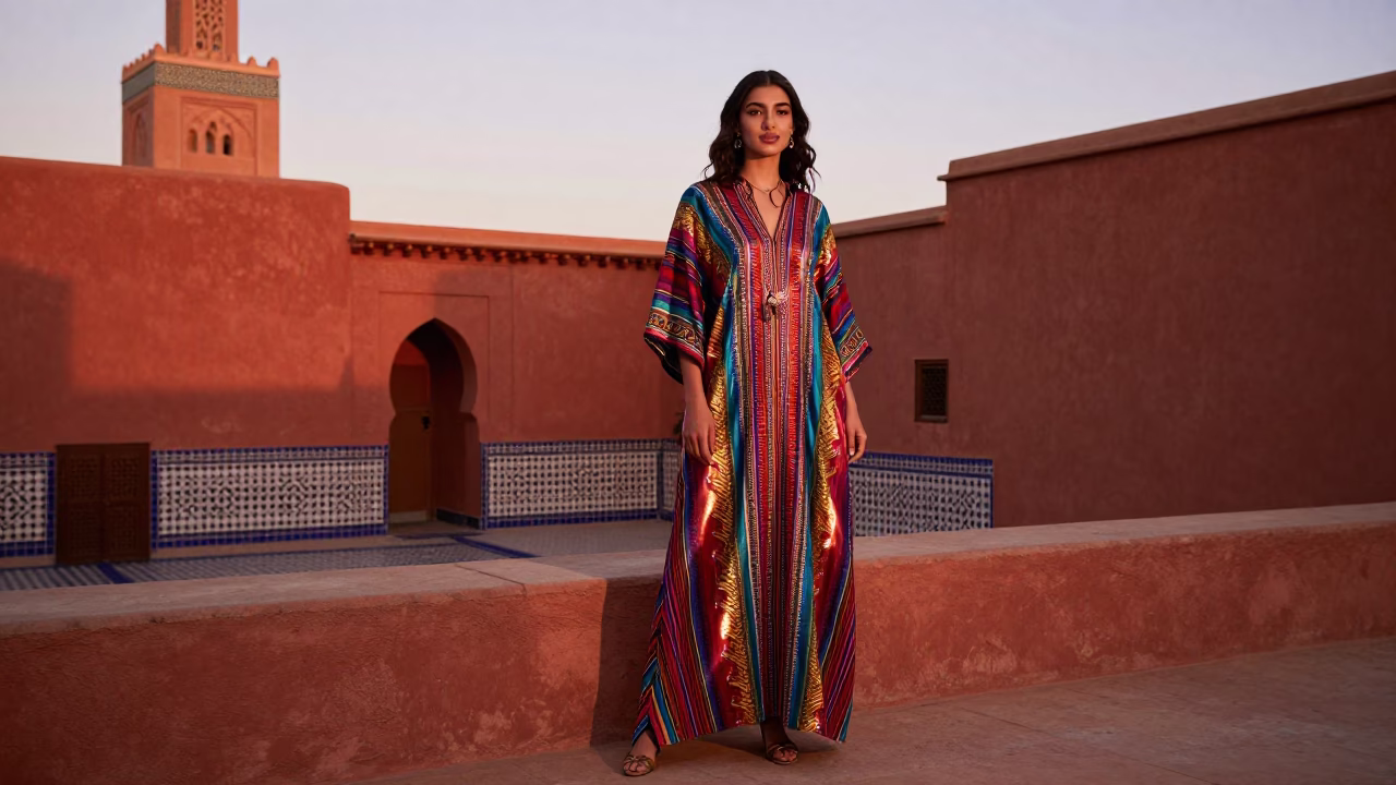 High Fashion Portrait in Marrakech Copper Dusk Light with Traditional Architecture in in Marrakech, Morocco