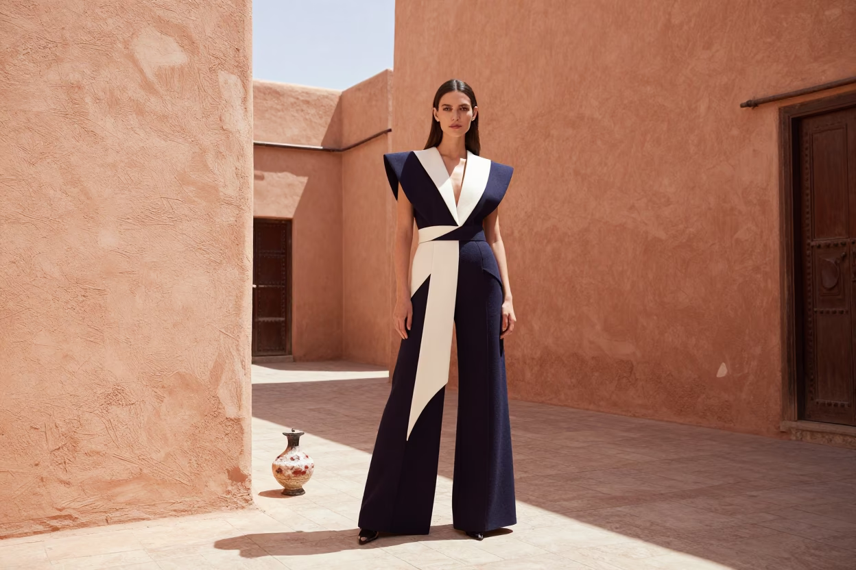 High Fashion Portrait in Marrakech Medina with Salt Cellar and Recipe Cards in in Marrakech, Morocco