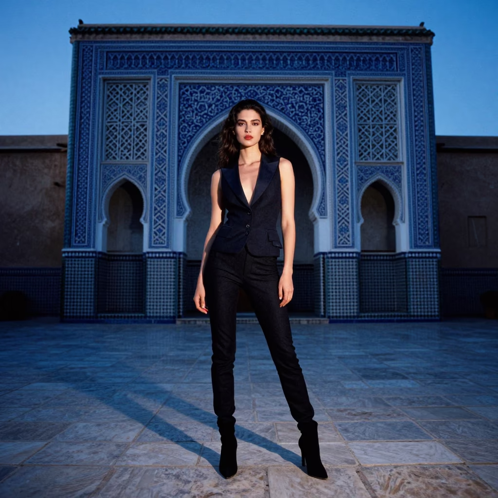 High Fashion Portrait in Marrakech Morocco During Blue Hour with Traditional Architecture in in Marrakech, Morocco