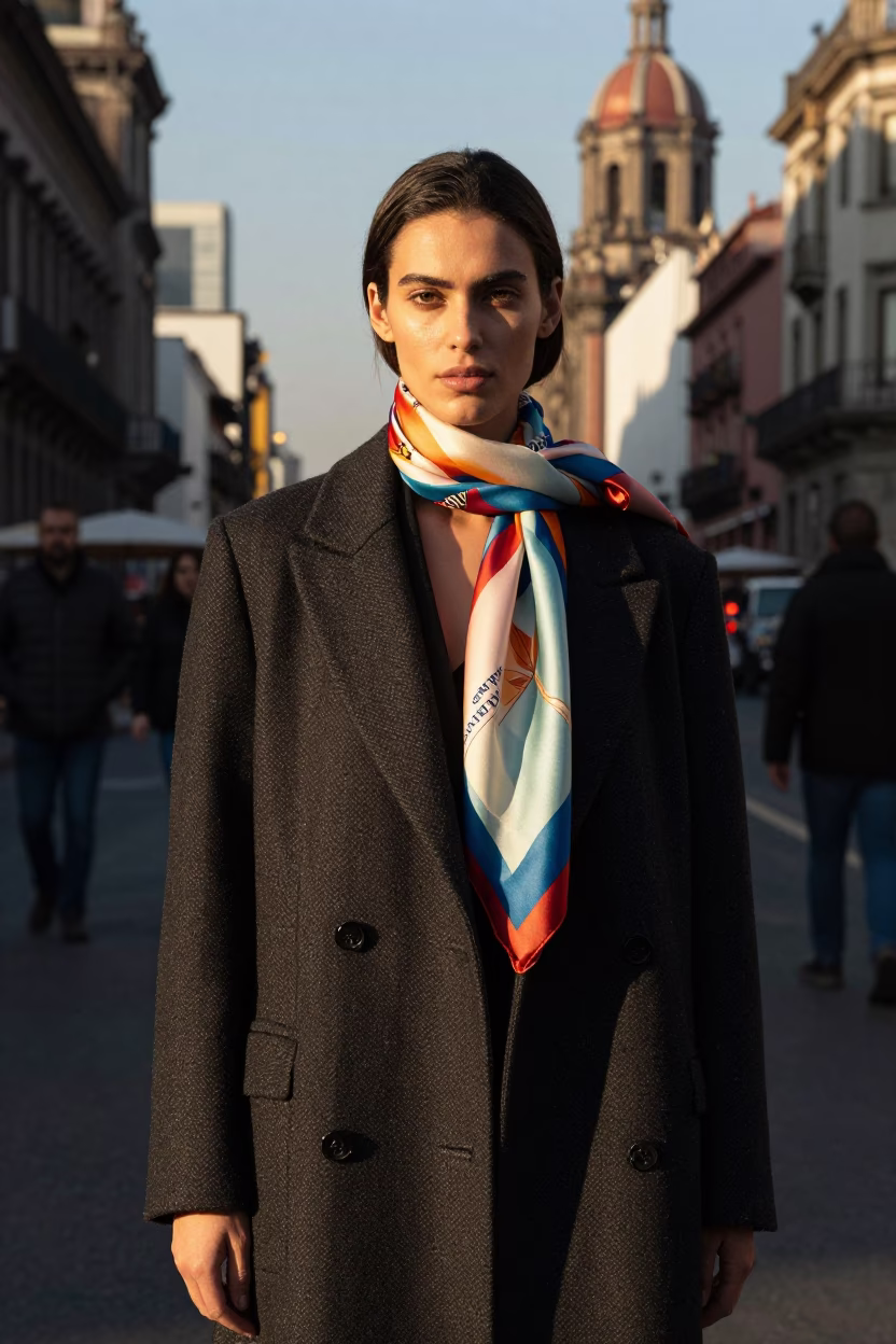 High Fashion Portrait in Mexico City Late Afternoon Light with Scarf Detail in in Mexico City, Mexico