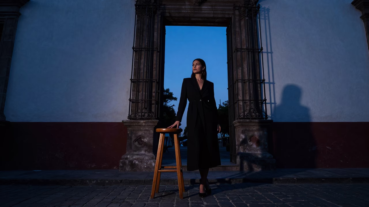 High Fashion Portrait in Mexico City Twilight with Wooden Stool and Urban Details in in Mexico City, Mexico