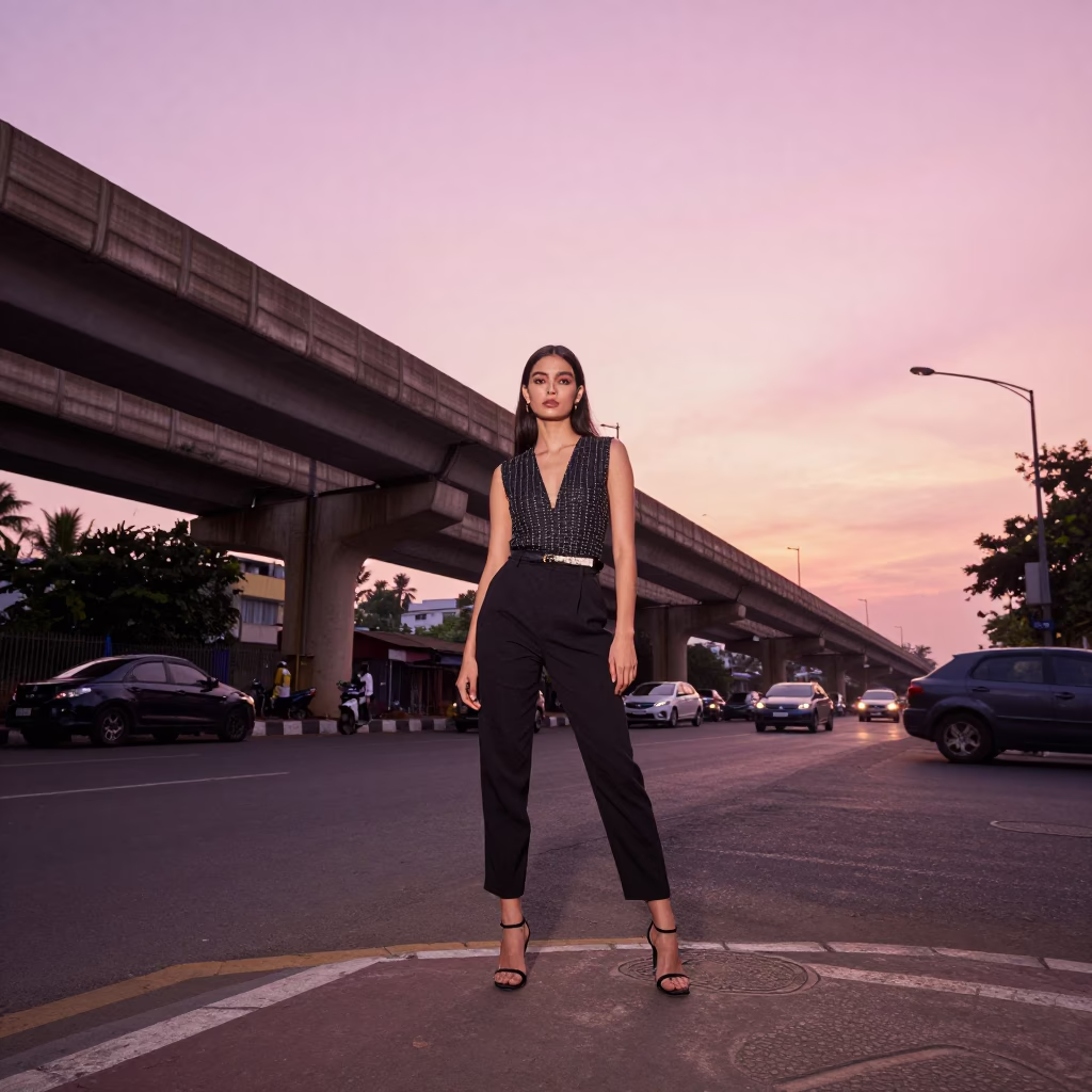 High Fashion Portrait in Mumbai Late Afternoon with Pink Sky and Highway Flyover in in Mumbai, India