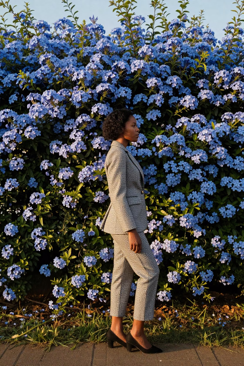 High Fashion Portrait in Nairobi Kenya First Light Plumbago Hedge Blue in in Nairobi, Kenya