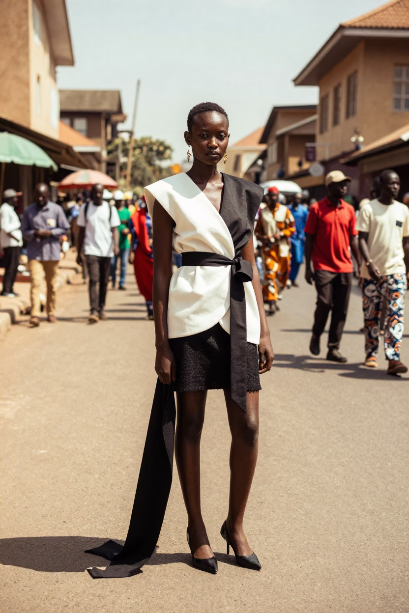 High Fashion Portrait in Nairobi Kenya Midmorning Street Style with Easter Procession Background in in Nairobi, Kenya
