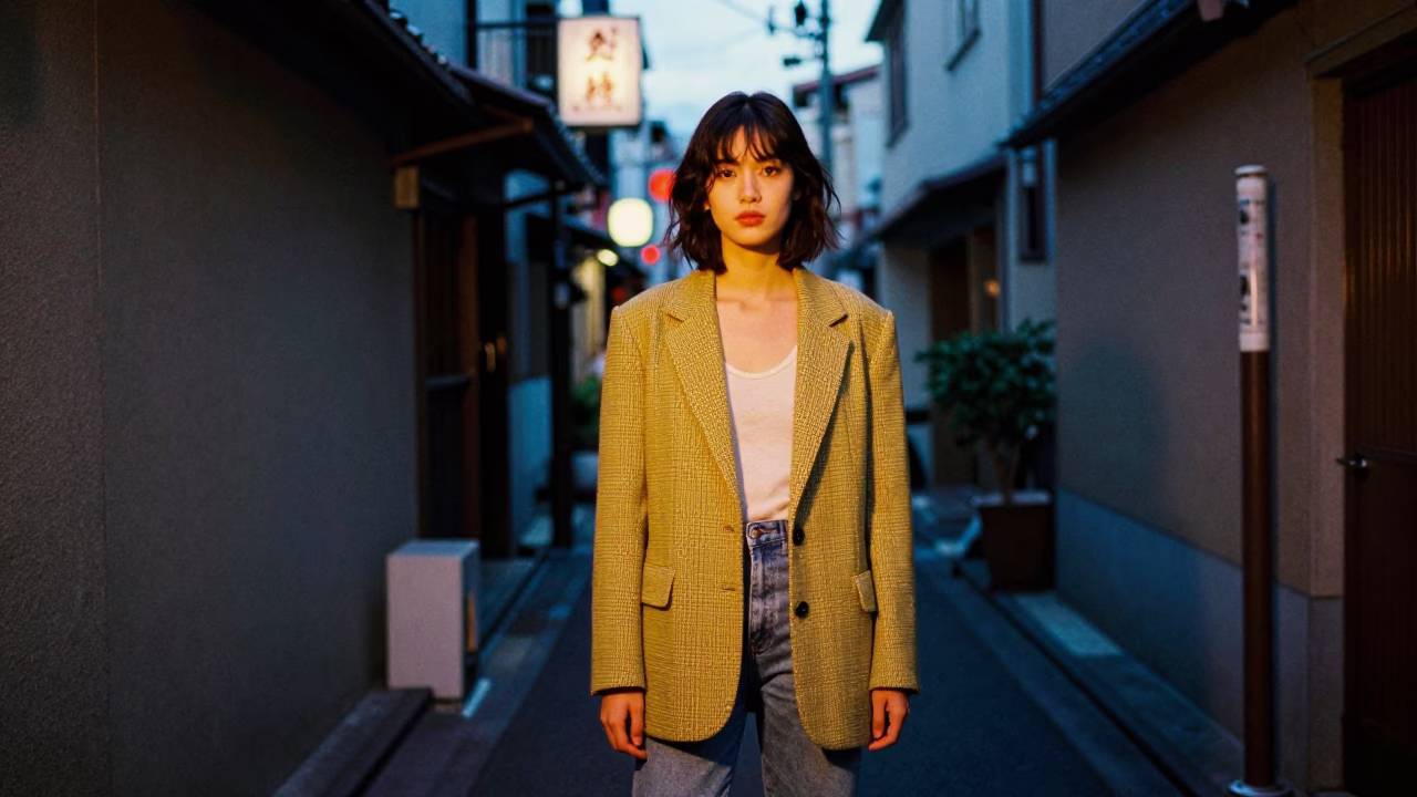 High Fashion Portrait in Osaka Alleyway with Vintage 1980s Aesthetic and Urban Details in in Osaka, Japan