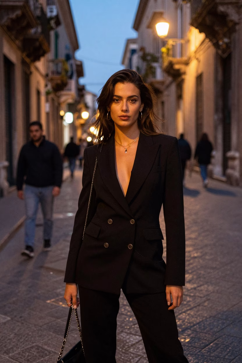 High Fashion Portrait in Palermo Italy Evening City Lights Glow Brushed Steel Edge Detail in in Palermo, Italy