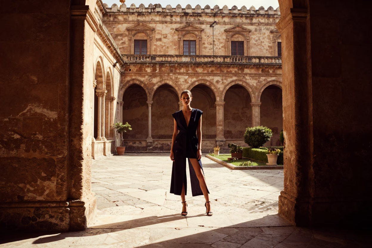 High Fashion Portrait in Palermo University Cloister Late Afternoon Sunlight in in Palermo, Italy