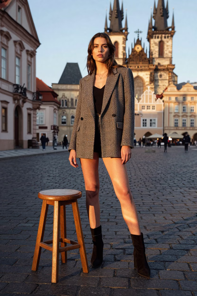 High Fashion Portrait in Prague Early Evening with Sunlight and Window Reflections in in Prague, Czech Republic