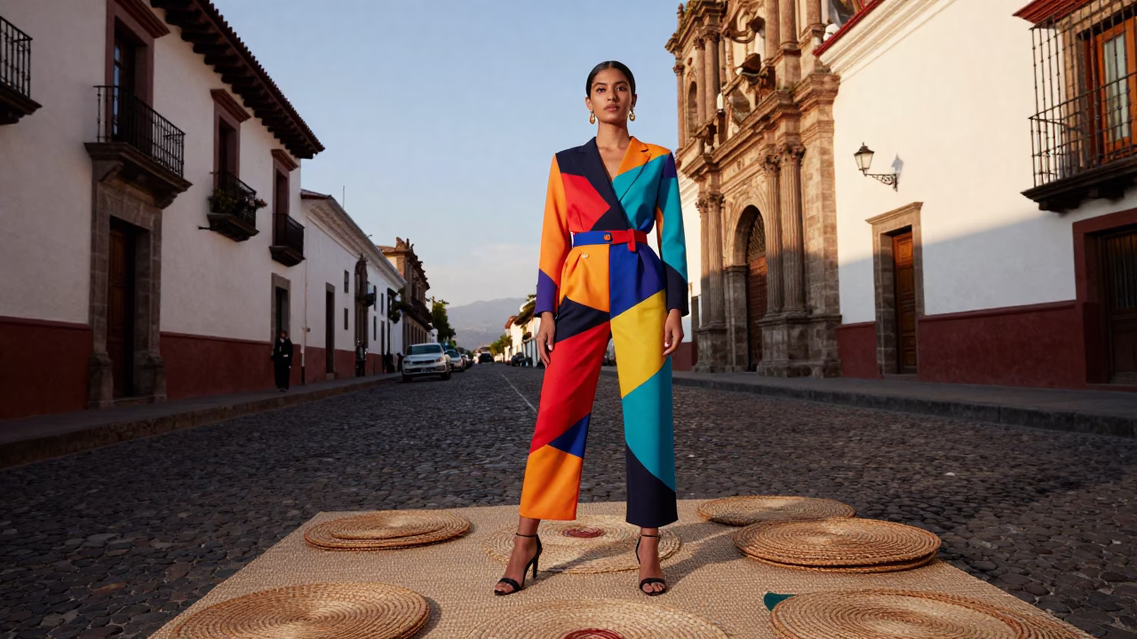 High Fashion Portrait in Quito Late Afternoon with Woven Mats and Fruit Crate in in Quito, Ecuador