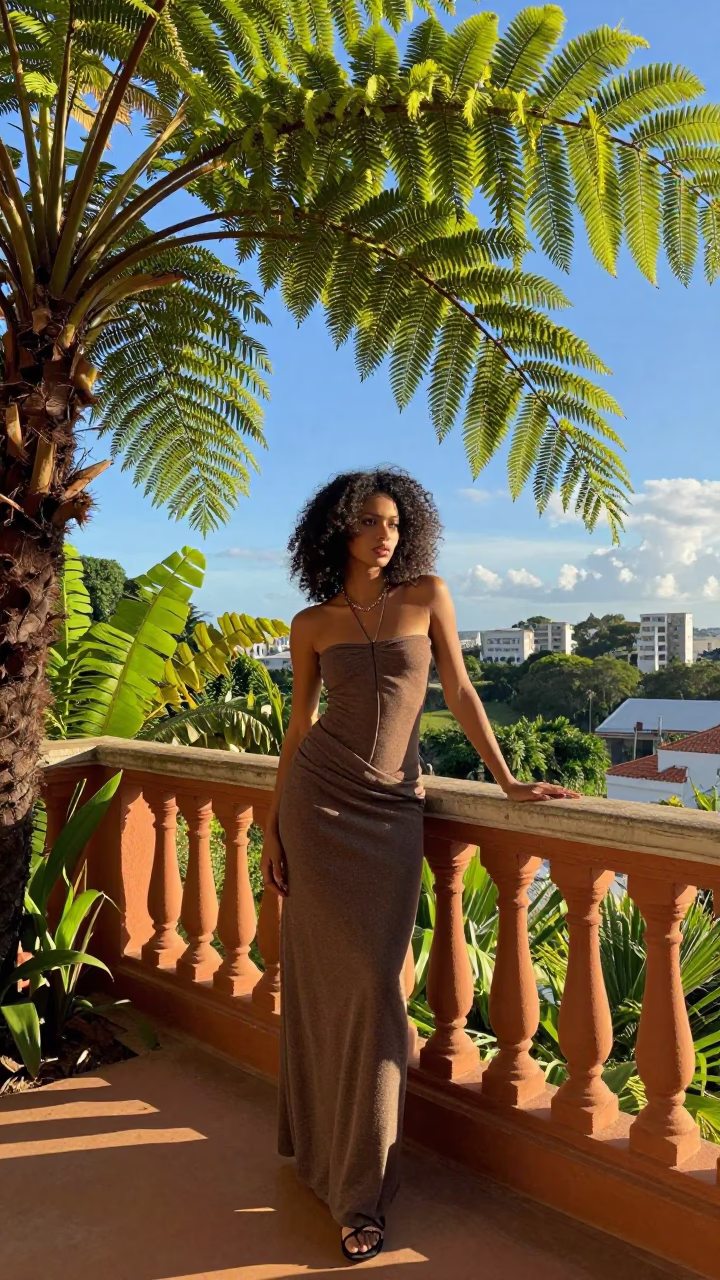 High Fashion Portrait in Salvador Brazil Late Afternoon with Fern Fronds and Vintage Chair in in Salvador, Brazil