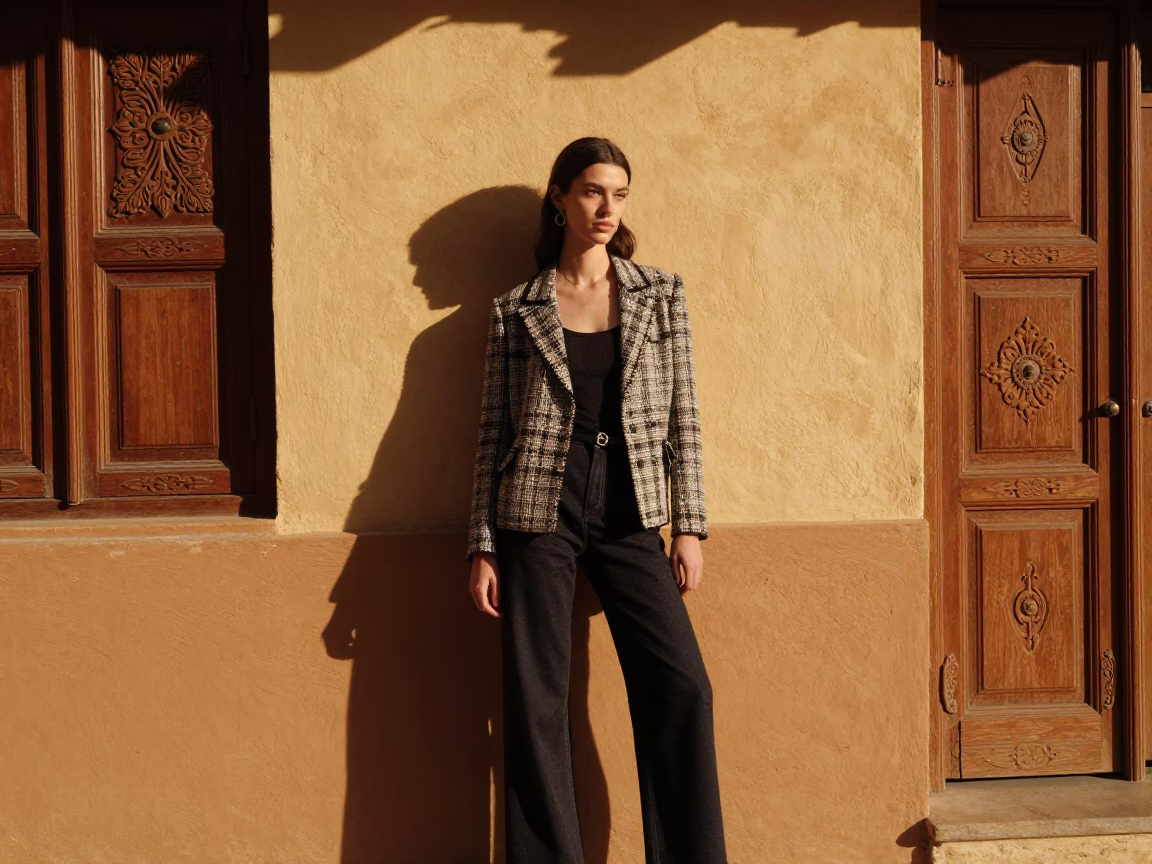 High Fashion Portrait in Seville Spain Early Afternoon Sunlight and Traditional Architecture in in Seville, Spain