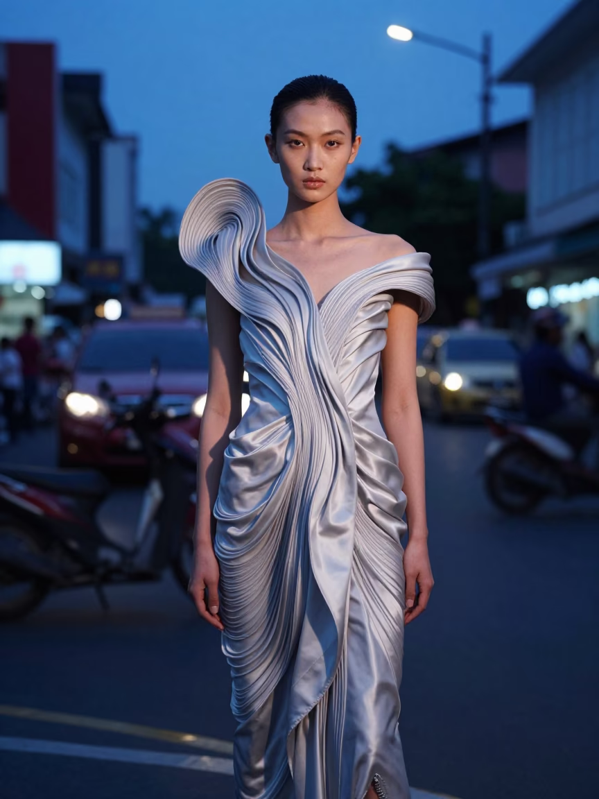 High Fashion Portrait in Surabaya Indonesia During Blue Hour Evening Light in in Surabaya, Indonesia