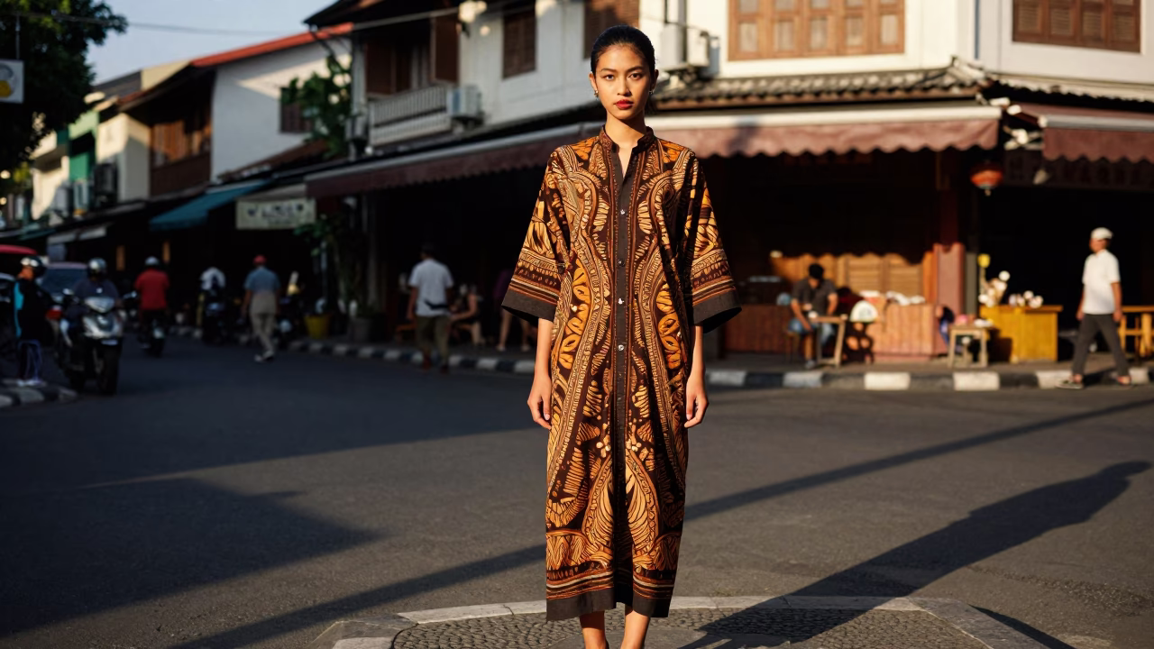 High Fashion Portrait in Surabaya Late Afternoon Sunlight with Traditional Batik Detail in in Surabaya, Indonesia