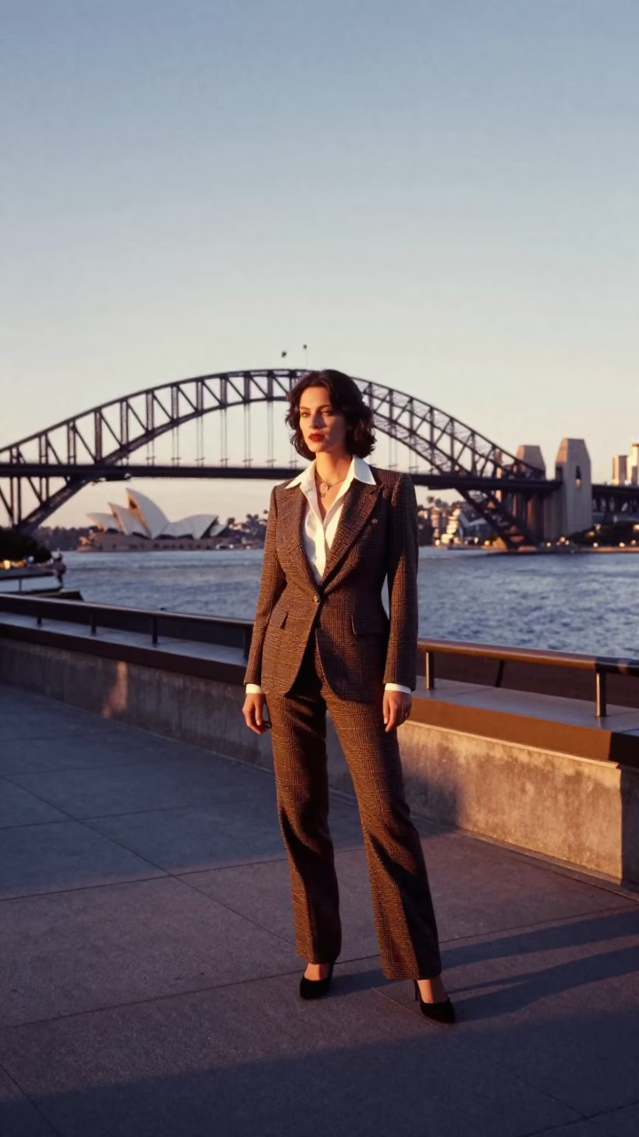 High Fashion Portrait in Sydney Early Evening Near Harbour Bridge with Wine in in Sydney, New South Wales, Australia