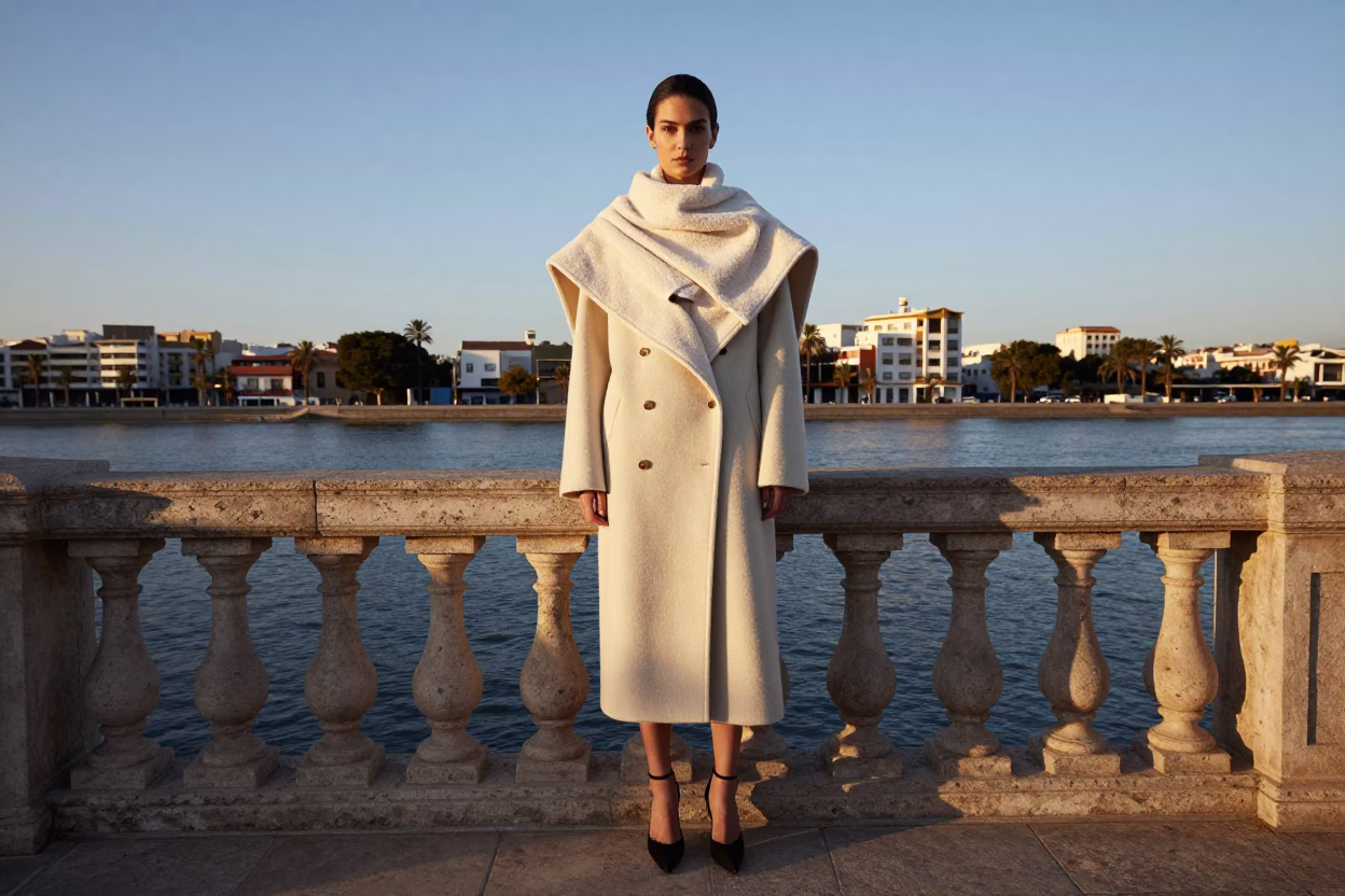 High Fashion Portrait in Valencia at Nautical Dawn with Towel and Blanket in in Valencia, Spain
