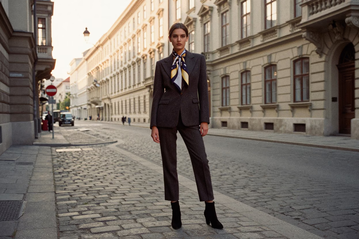 High Fashion Portrait in Vienna Austria Just After Sunrise with Scarf Detail in in Vienna, Austria