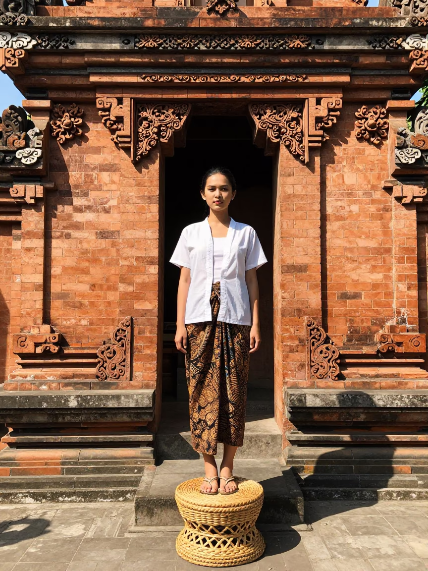 High Fashion Portrait in Yogyakarta Noon Light with Rattan Stool and Traditional Architecture in in Yogyakarta, Indonesia