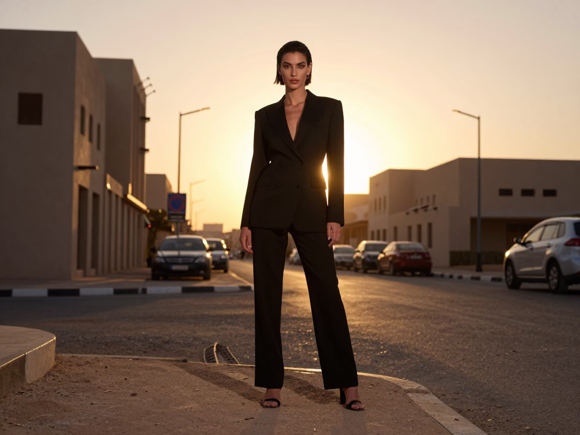 High Fashion Portrait of a Model in Muscat Oman Sunset Street Style in in Muscat, Oman