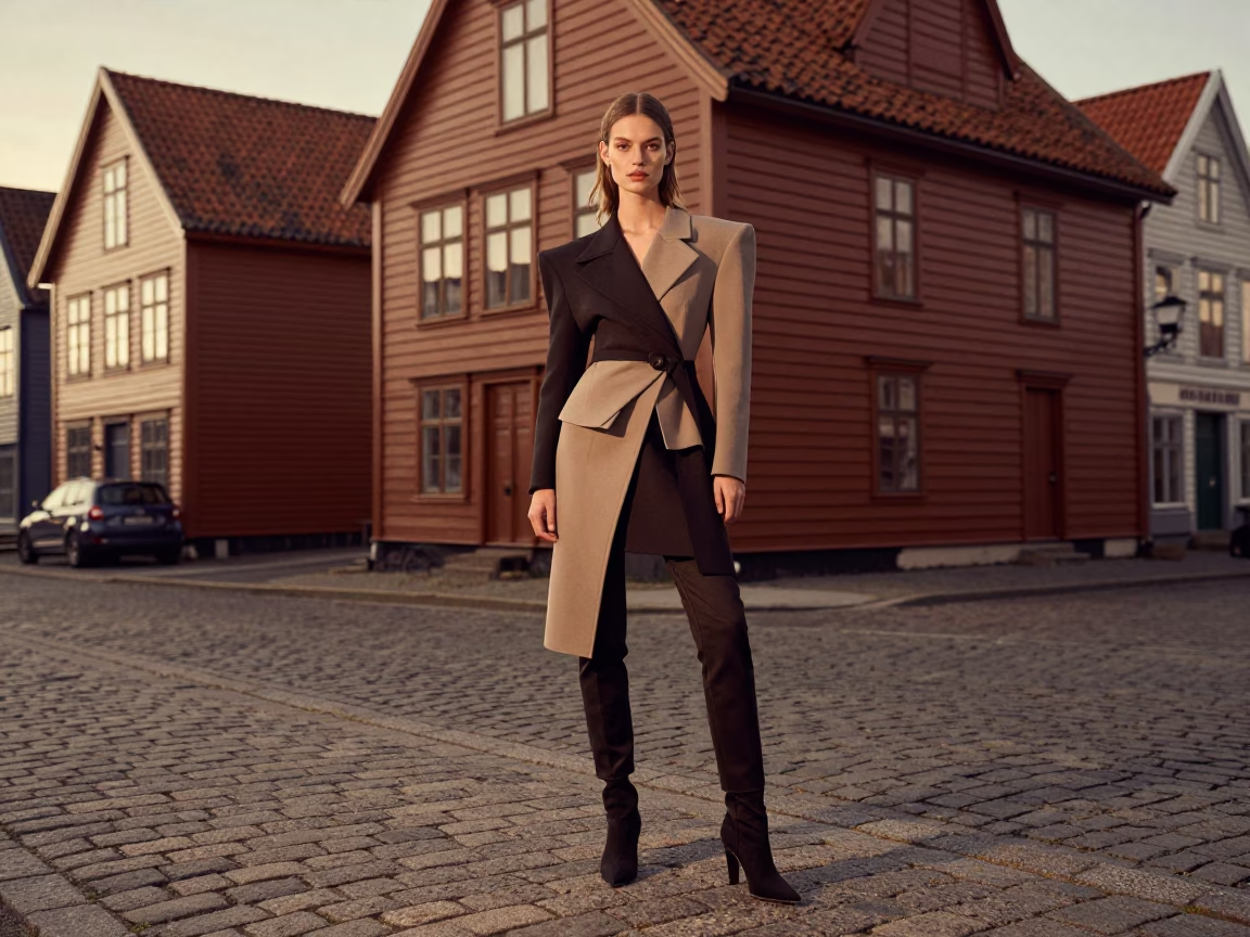 High Fashion Portrait of a Model in Vintage Bergen Street Evening Light in in Bergen, Norway