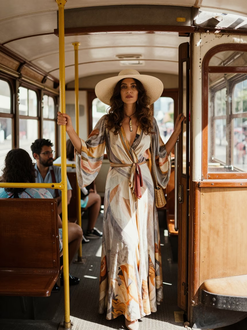 High Fashion Portrait of a Woman in 1970s Rio de Janeiro Tramcar in in Rio de Janeiro, Brazil