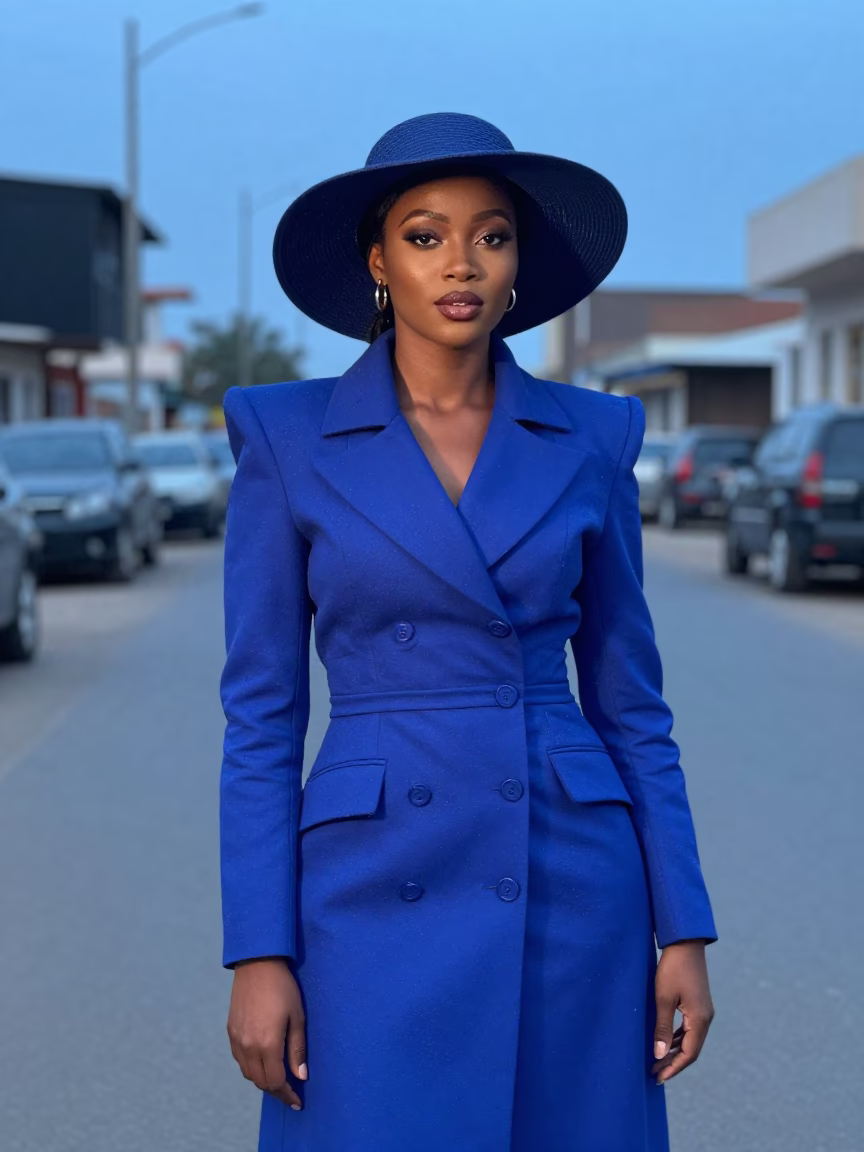 High Fashion Portrait of a Woman in Accra Evening Blue Light in in Accra, Ghana
