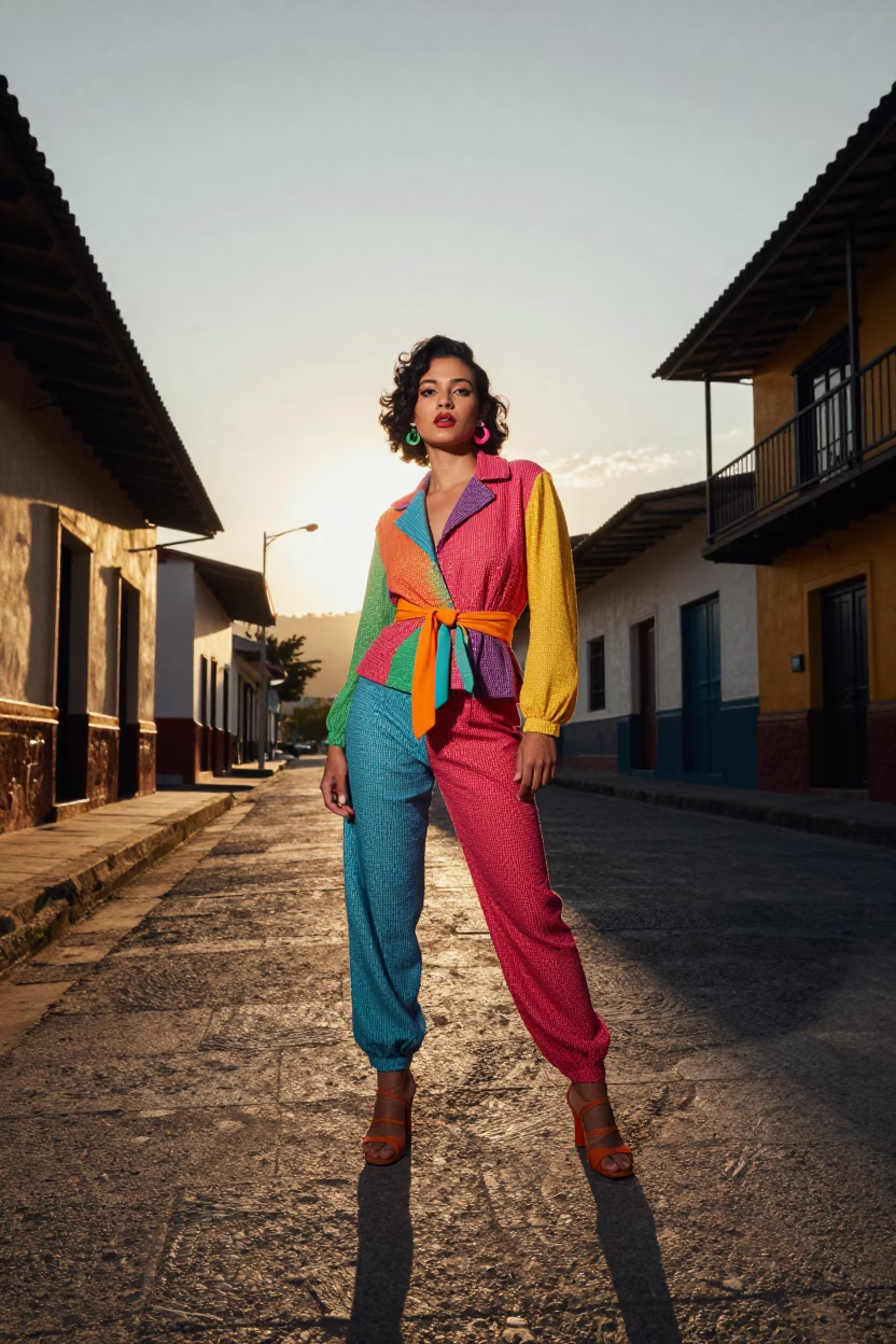 High Fashion Portrait of a Woman in Colorful 1980s Medellin Street Fashion at Sunset in in Medellin, Colombia