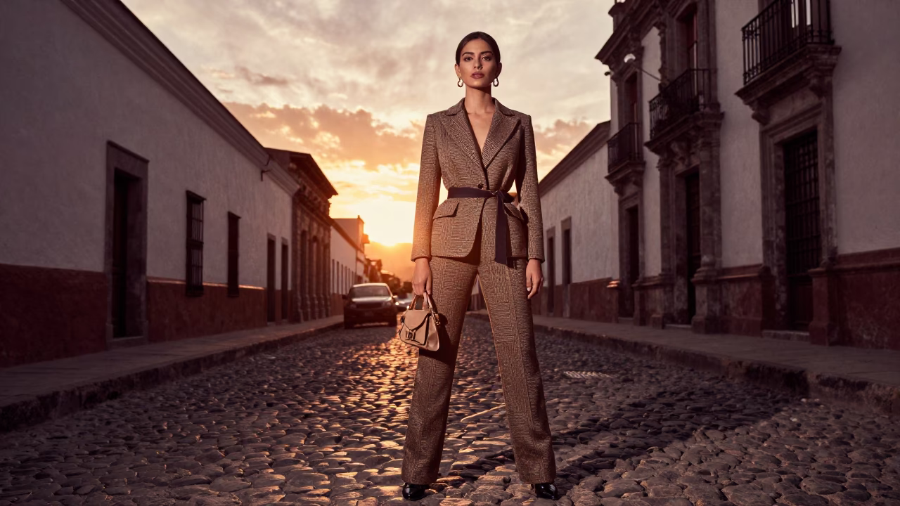 High Fashion Portrait of a Woman in La Paz Bolivia Sunset Street Scene in in La Paz, Bolivia