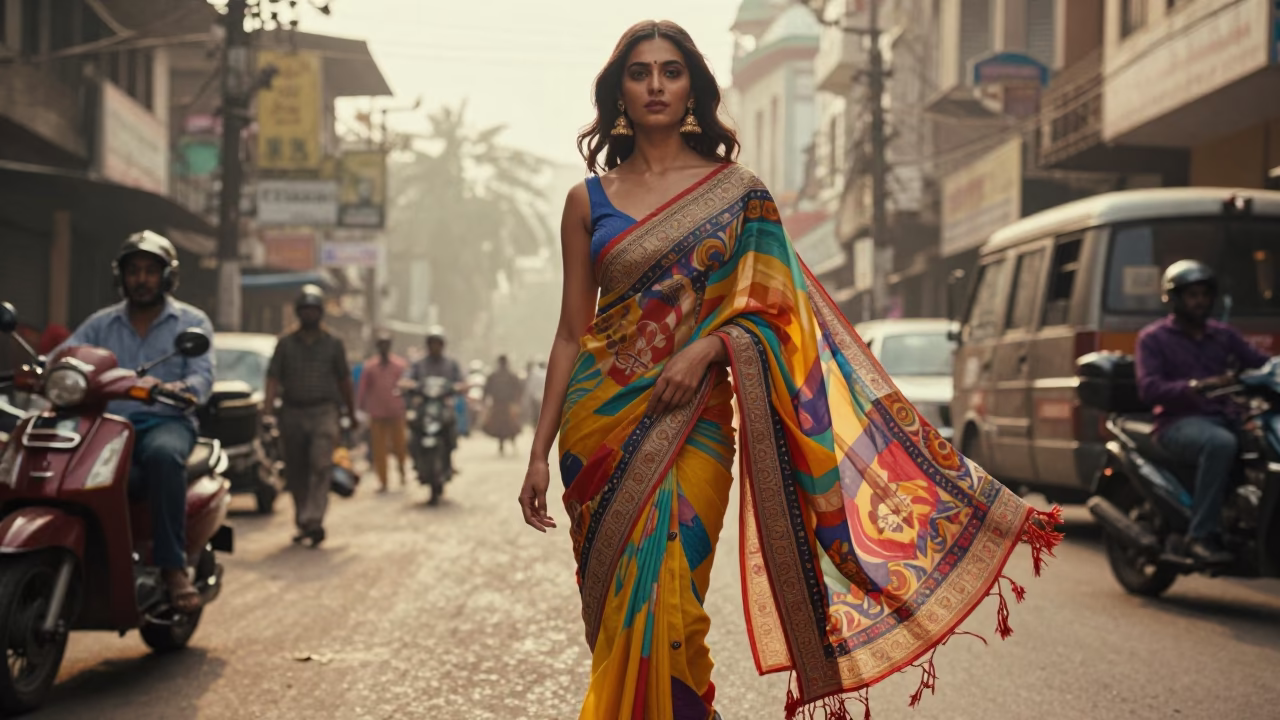 High Fashion Portrait of a Woman in Vintage Saree on Mumbai Street at Dawn in in Mumbai, India