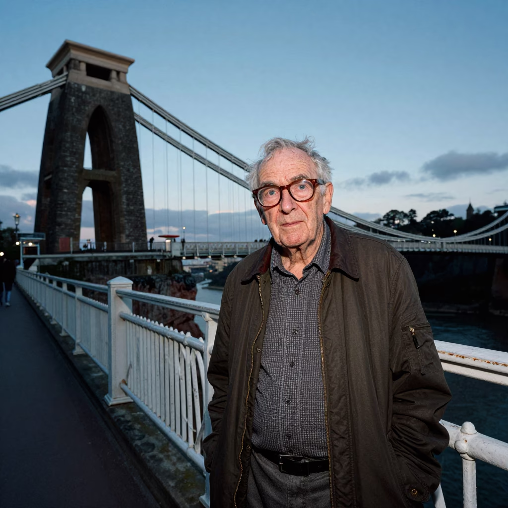 High Fashion Portrait of Astronomer on Clifton Suspension Bridge at Blue Hour in Bristol in in Bristol, United Kingdom
