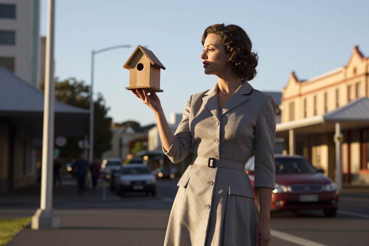 High Fashion Portrait of Elegant Woman in 1950s Hobart Tasmania Australia Late Afternoon Light in in Hobart, Tasmania, Australia