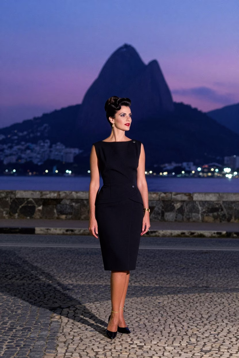 High Fashion Portrait of Elegant Woman in 1950s Rio de Janeiro Twilight Street Scene in in Rio de Janeiro, Brazil