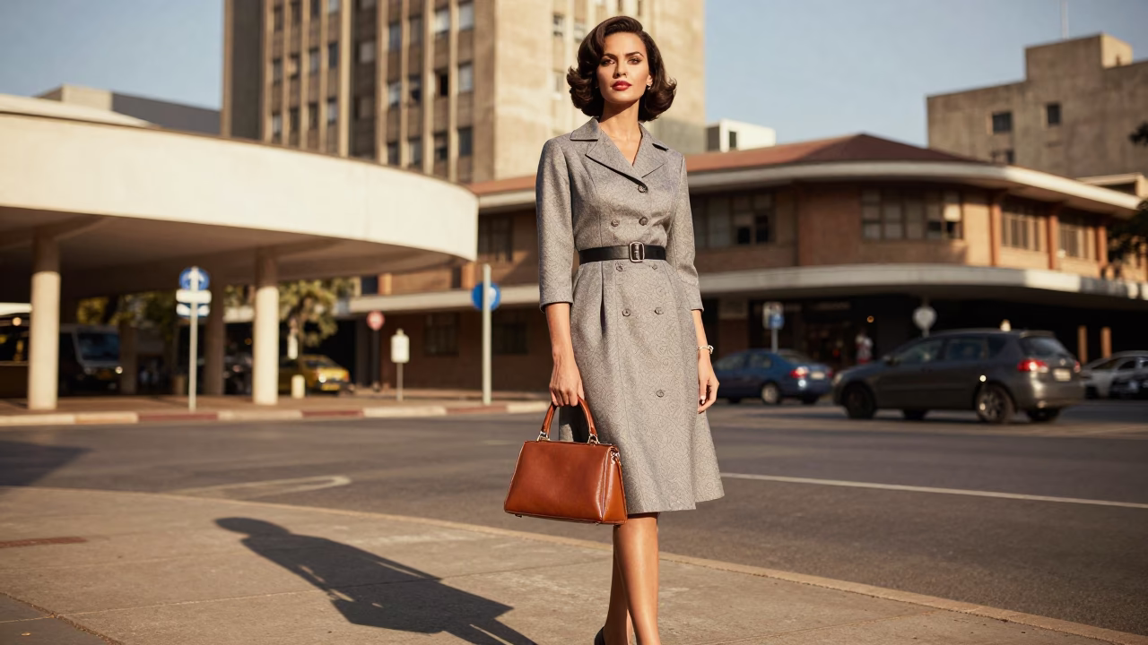 High Fashion Portrait of Elegant Woman in 1960s Johannesburg Early Afternoon Street Scene in in Johannesburg, South Africa