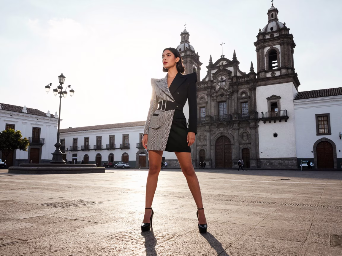 High Fashion Portrait of Elegant Woman in Quito Plaza with Geometric Scaffold Joints in in Quito, Ecuador