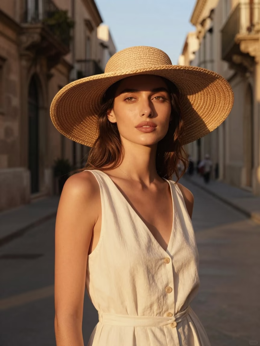 High Fashion Portrait of Elegant Woman in Straw Hat at Palermo Golden Hour in in Palermo, Italy